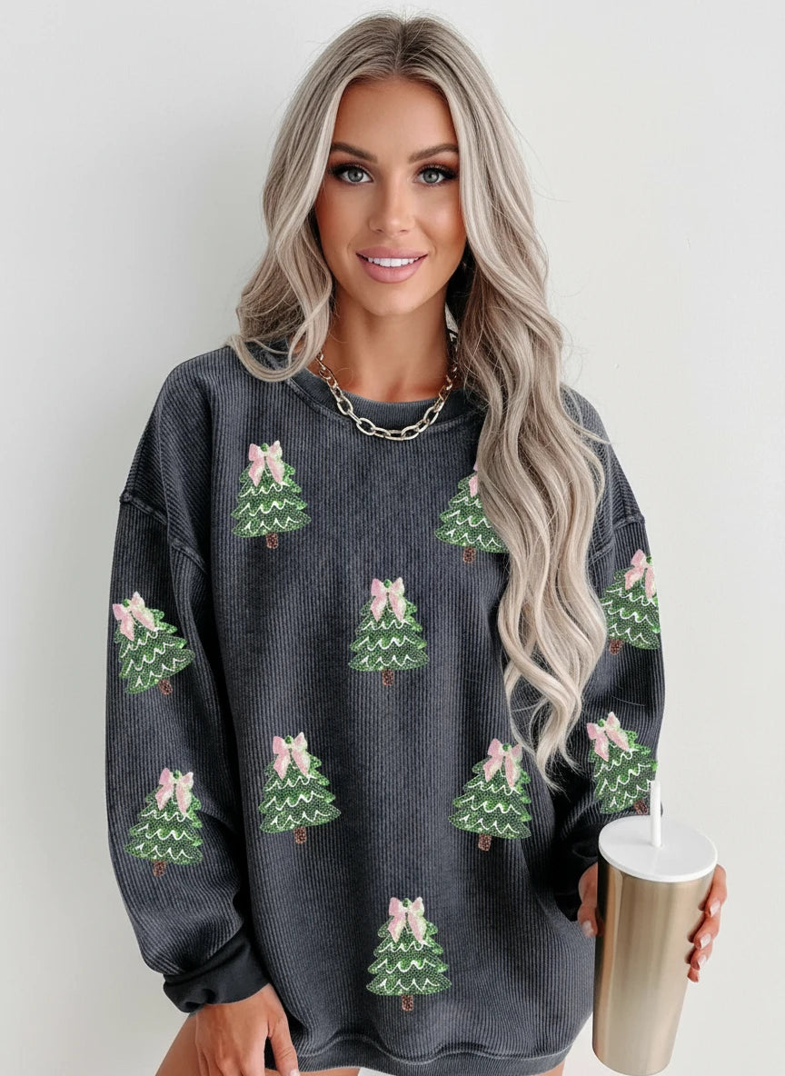 Dark Gray Ribbed Round Neck Sequin Christmas Tree Patched Baggy Sweatshirt | Sweatshirts Daverri Fashions