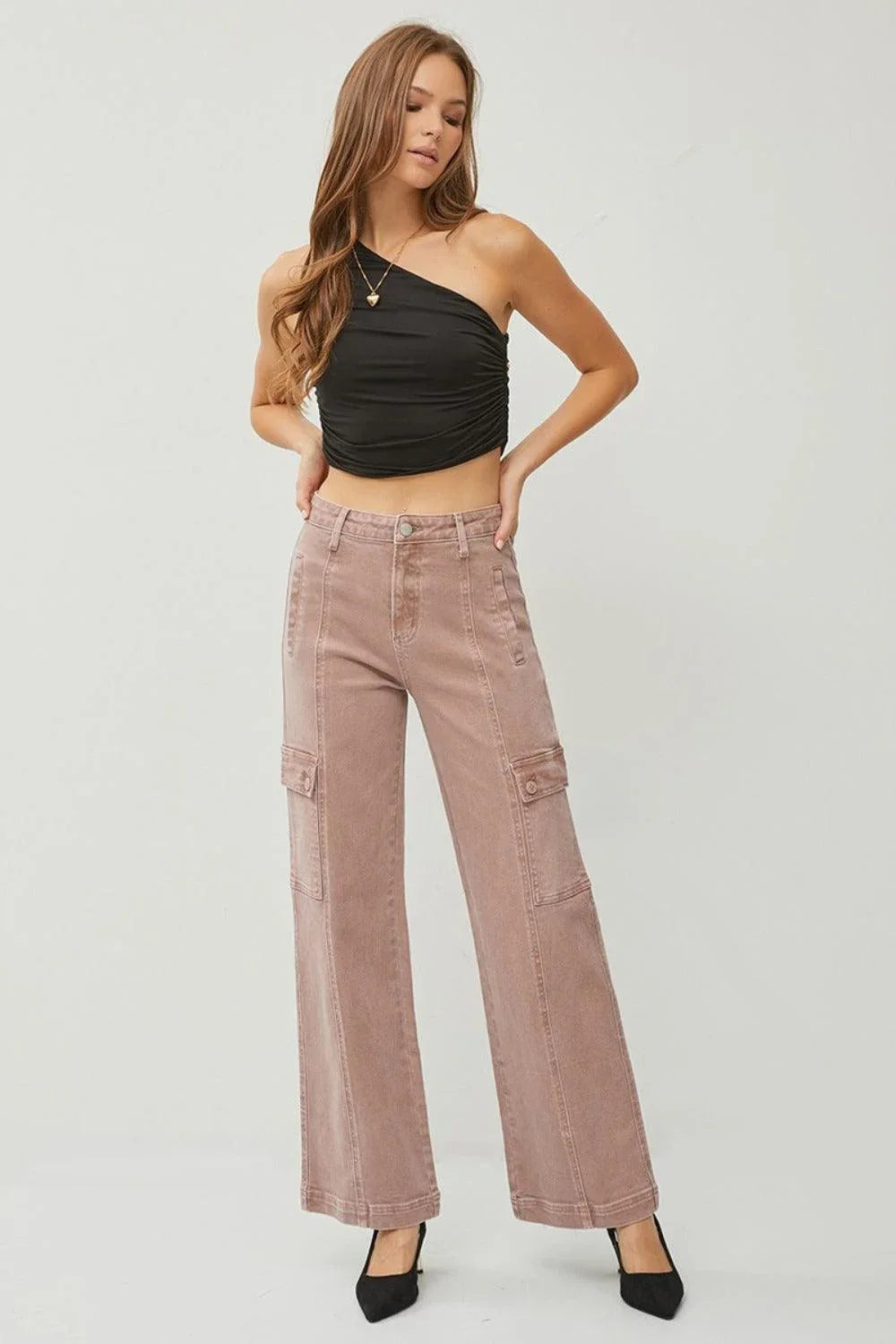 RISEN Full Size High Rise Wide Leg Cargo Jeans - DAVERRI FASHIONS
