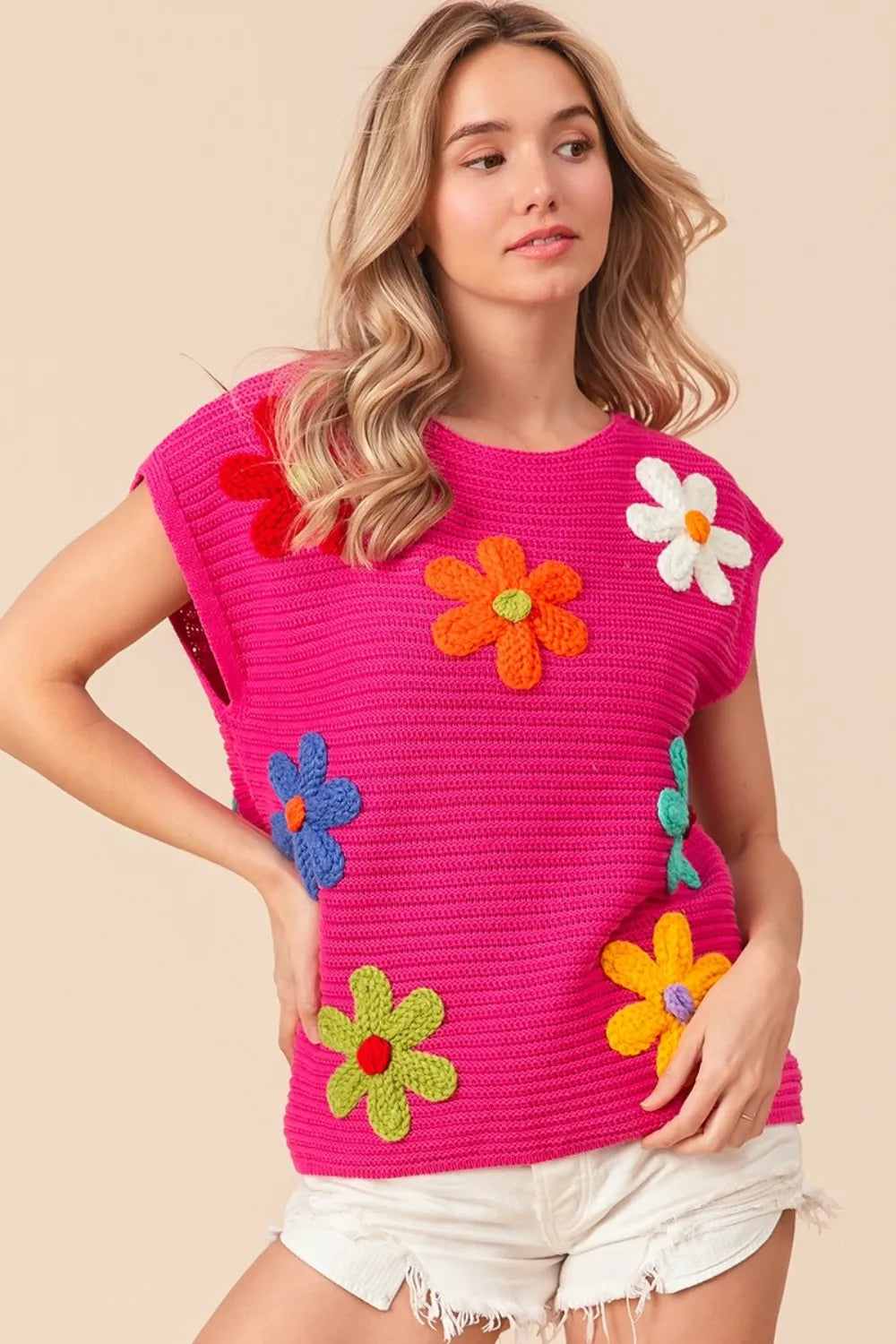 BiBi Flower Round Neck Cap Sleeve Knit Top Size L Tops