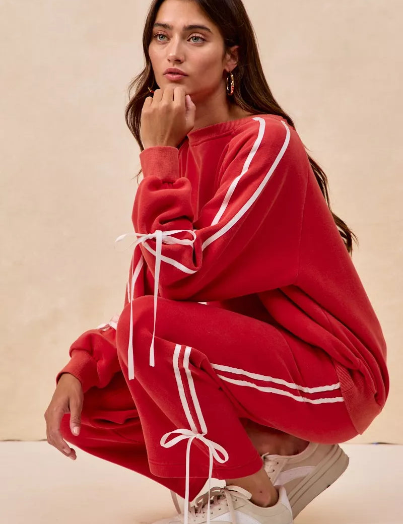 Red and white BiBi Side Lined Bow Details Fleece Sweatpants with drawstrings