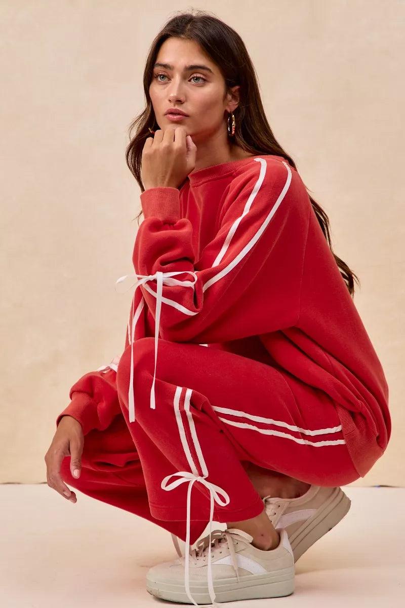 Red and white BiBi Side Lined Bow Details Fleece Sweatpants with drawstrings
