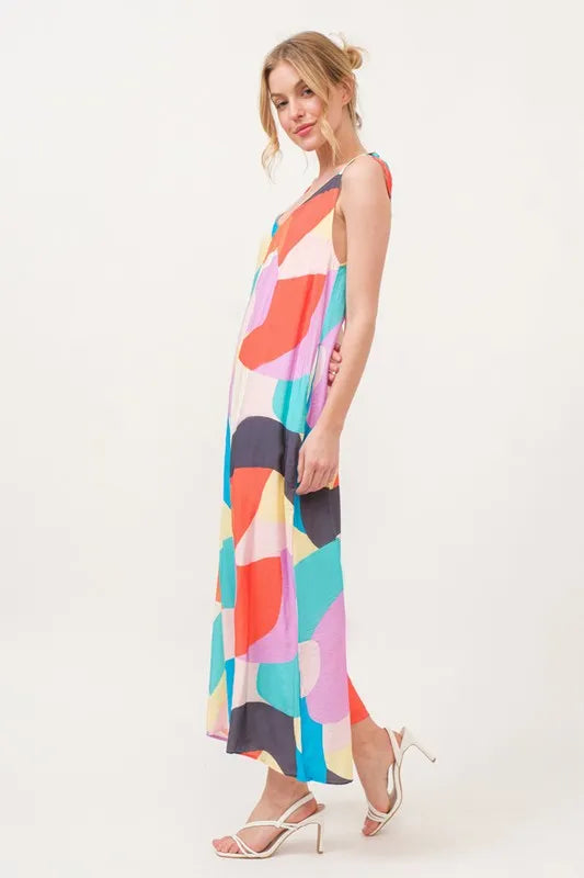 And The Why Tied Shoulder Straps Wide-Leg Geo Print Jumpsuit Jumpsuits