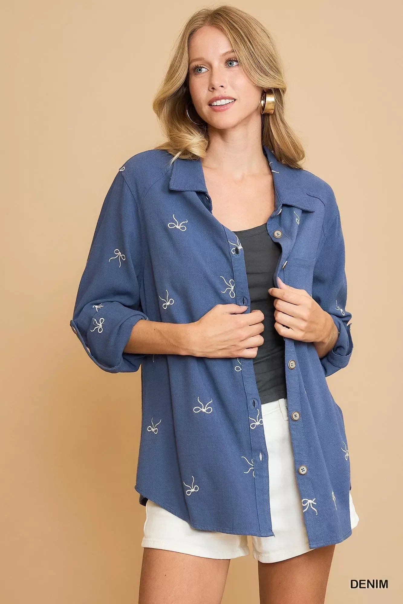 Umgee Linen Blend Fitted Shirt with Ribbon Embroidery Details - DAVERRI FASHIONS