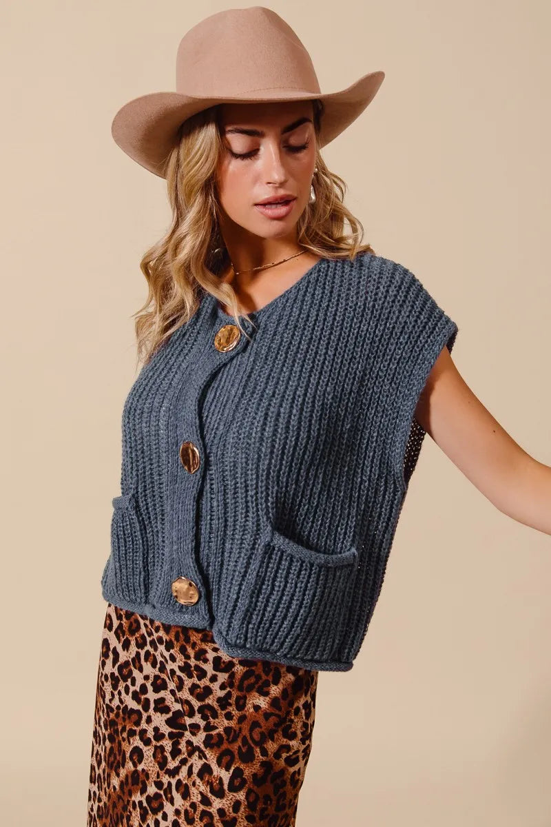 SO ME Big Metal Button Front Sweater Vest Sweater Vests