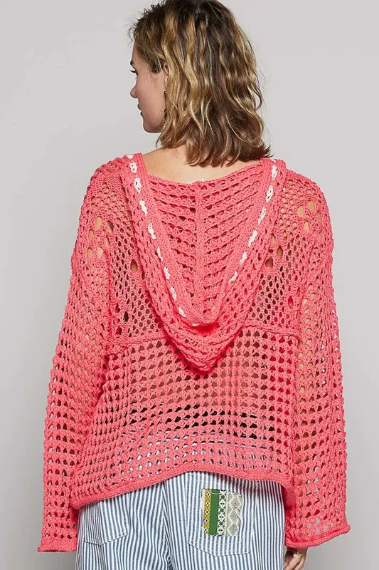 POL US Flag Hollow Out Long Sleeve Knit Cover Up