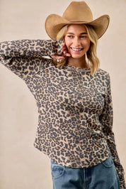 BiBi Leopard Print Washed Waffle Thermal Top with Thumb | Knit Tops Daverri Fashions