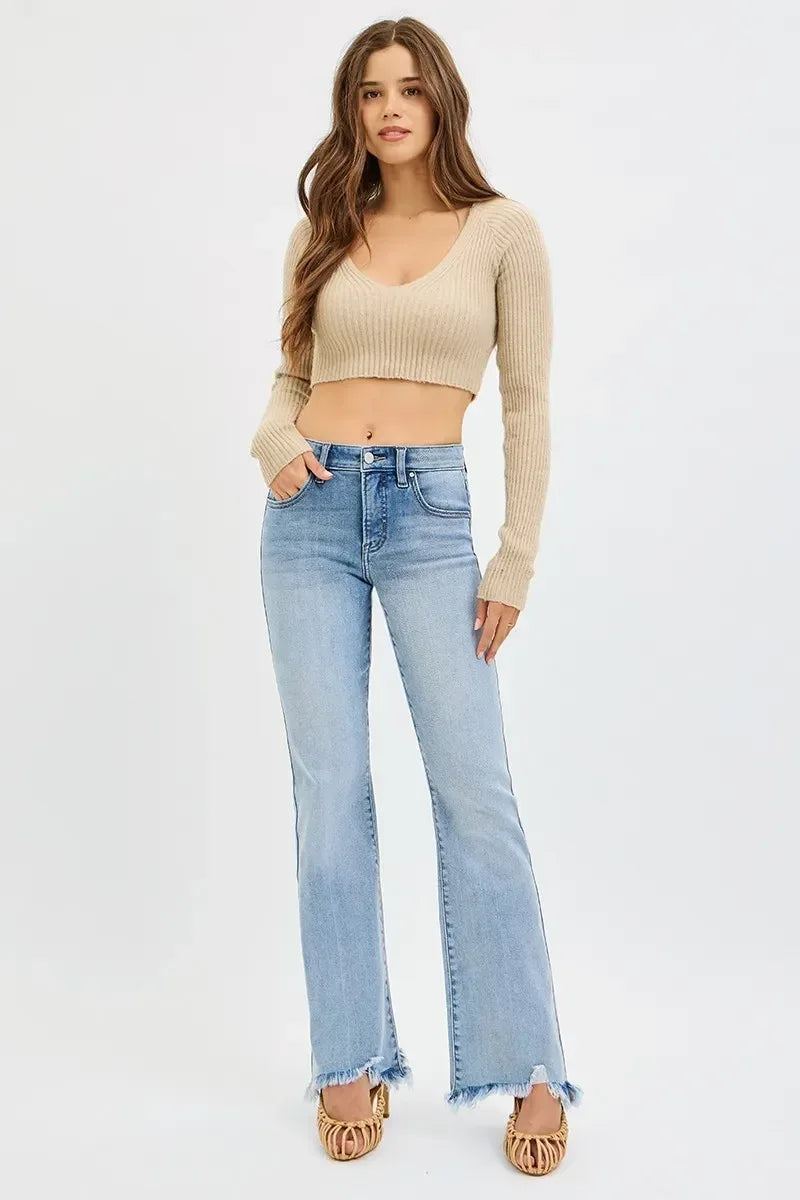 RISEN Full Size Tummy Control Mid Rise Flare Jeans with Fray Hem Detailed Plus Size - DAVERRI FASHIONS