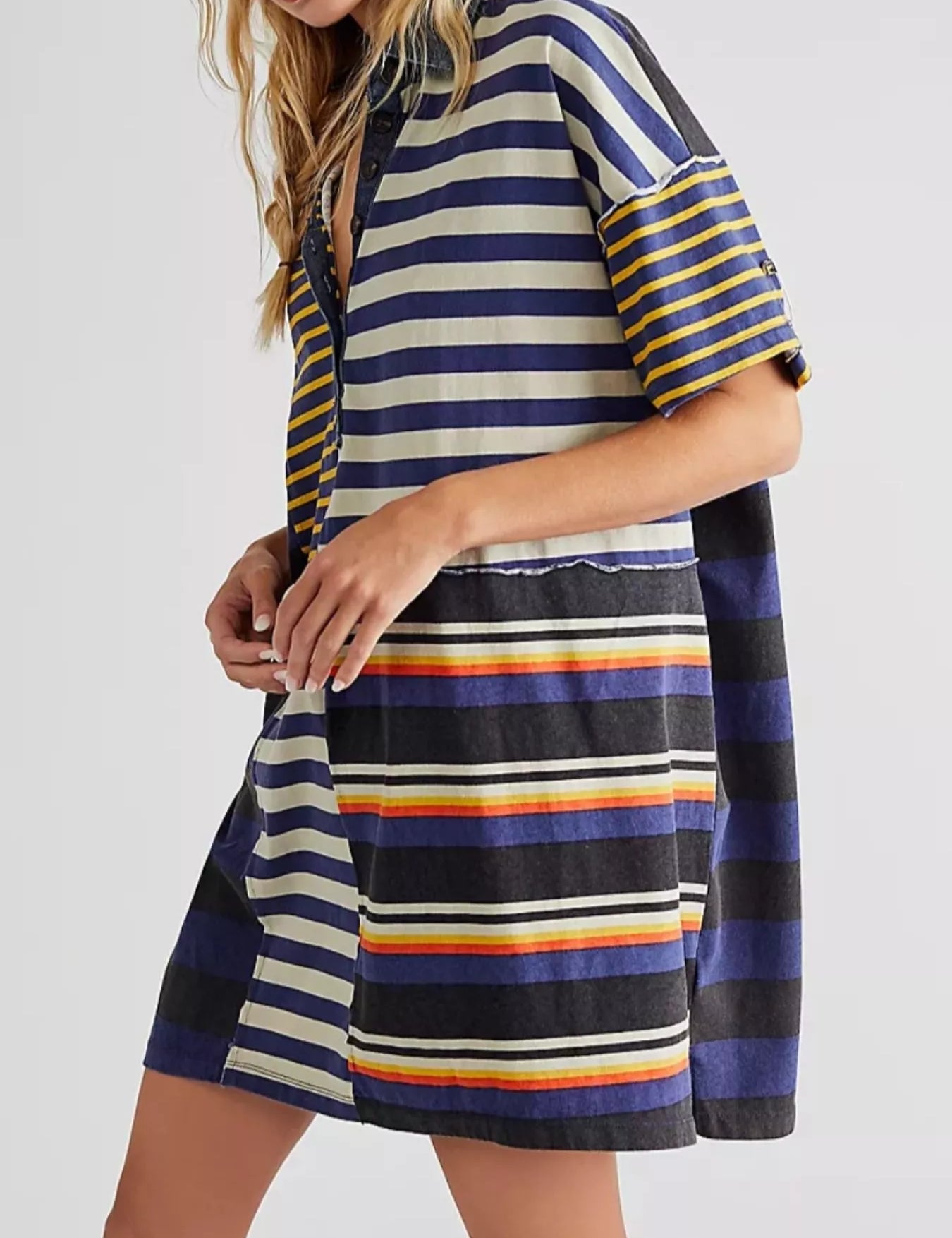Blue And Yellow Stripes Striped Oversized Half Button Shirt Dress | Mini Dresses Daverri Fashions