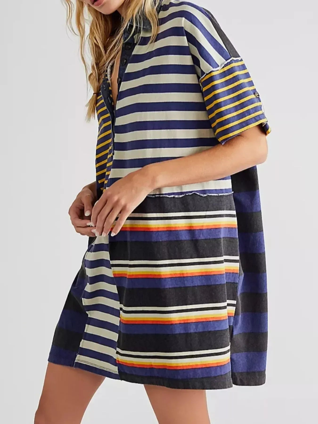 Striped Oversized Half Button Shirt Dress - DAVERRI FASHIONS