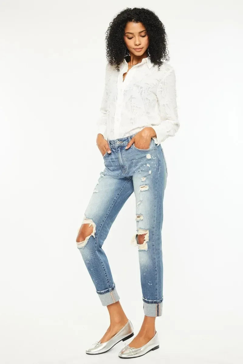 Kancan High Rise Distressed Boyfriend Fit Jeans - DAVERRI FASHIONS