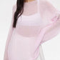 Soft light pink boat neck dropped shoulder sweater with sheer mesh overlay and wide sleeves
