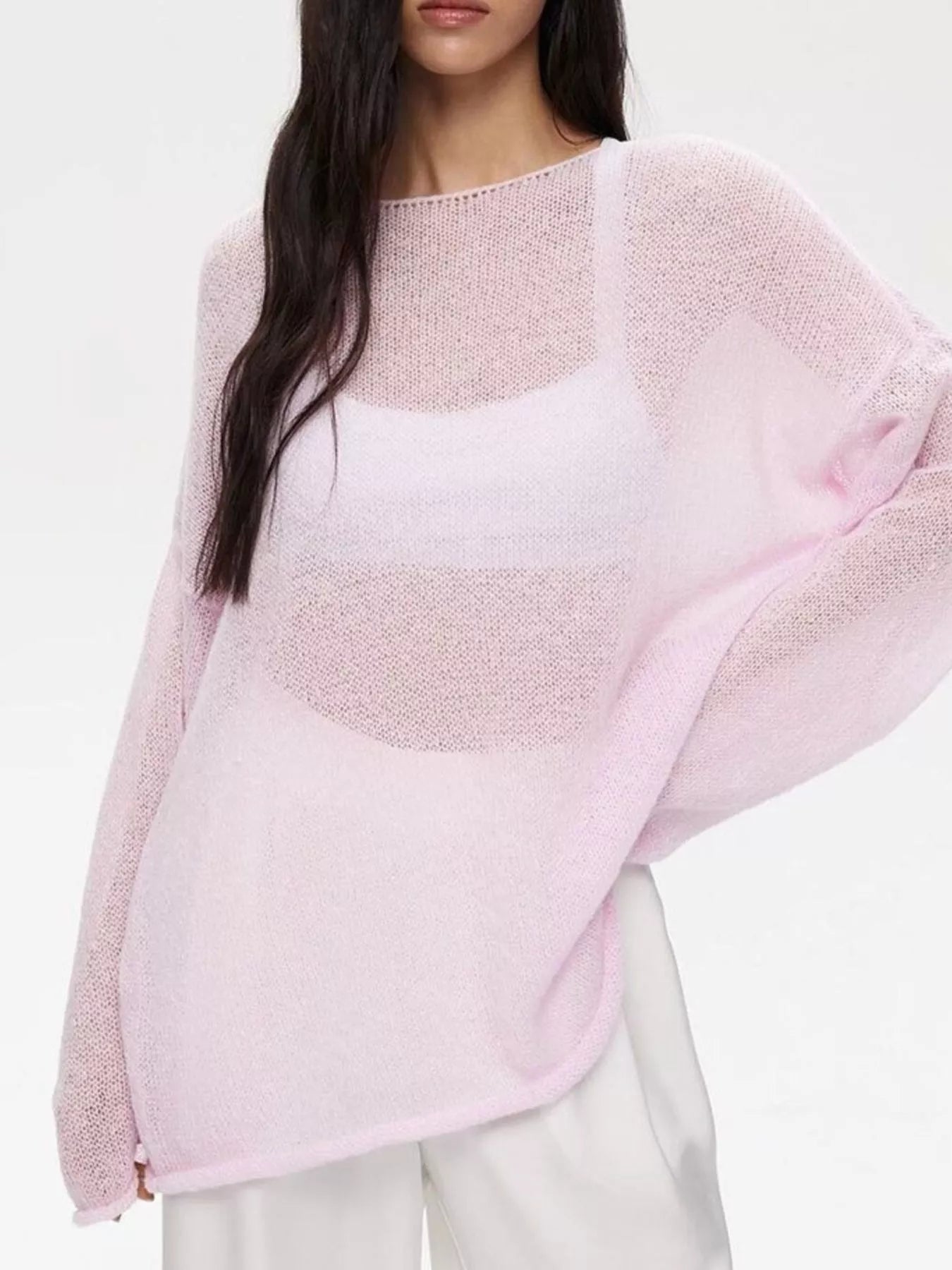 Soft light pink boat neck dropped shoulder sweater with sheer mesh overlay and wide sleeves