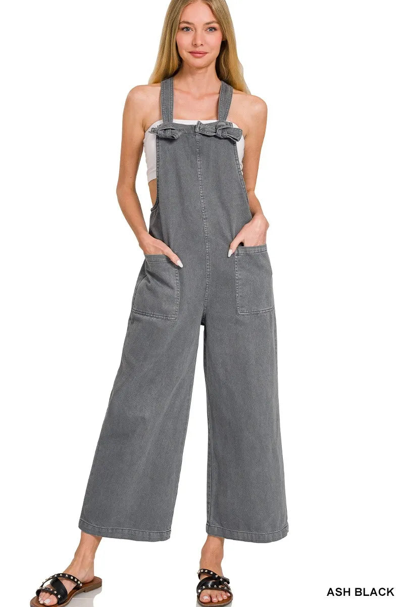 ASH BLACK Zenana Washed Knot Strap Pockets Jumpsuit | Jumpsuits Daverri Fashions