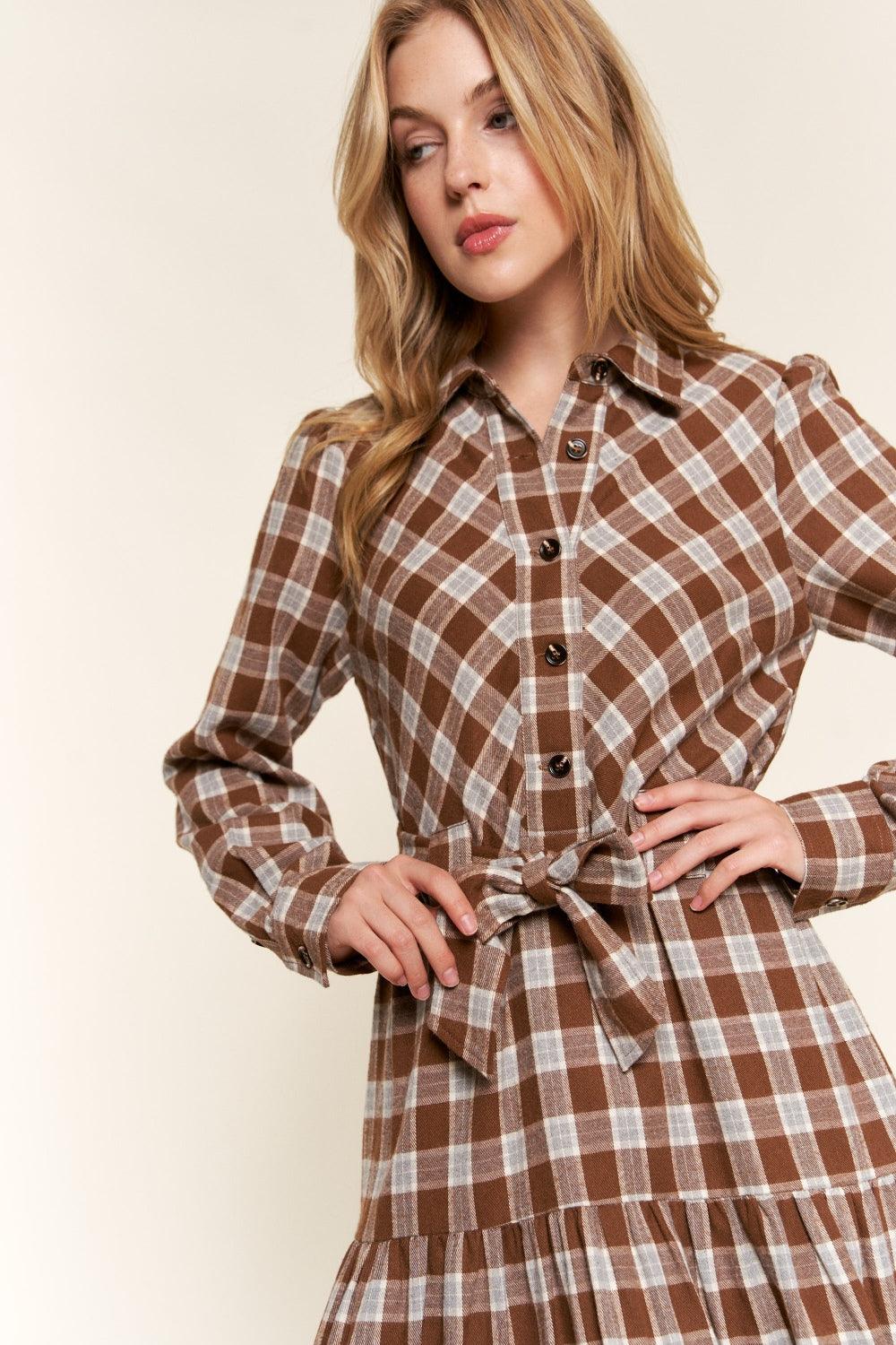 And the Why Plaid Tiered Midi Shirt Dress | Daverri Fashions