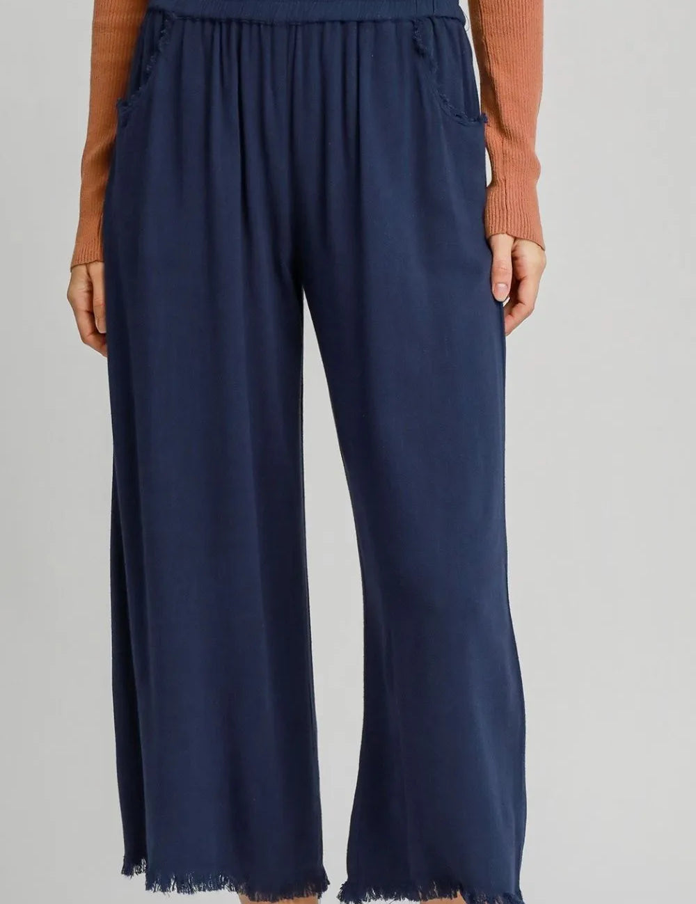 Dark Blue Umgee Dark Blue Linen Blend Elastic Waistband Wide Leg Pants | Pants Daverri Fashions