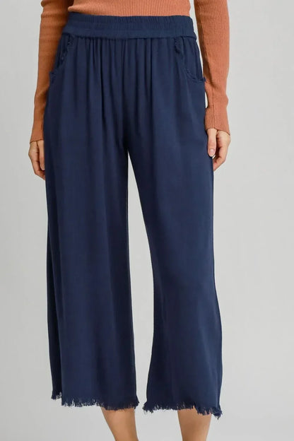 Umgee Dark Blue Linen Blend Elastic Waistband Wide Leg Pants - DAVERRI FASHIONS