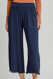 Umgee Dark Blue Linen Blend Elastic Waistband Wide Leg Pants - DAVERRI FASHIONS