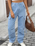 High-waisted light-wash denim cargo pants with pockets and straight-leg fit
