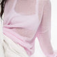 Soft light pink boat neck dropped shoulder sweater with sheer texture
