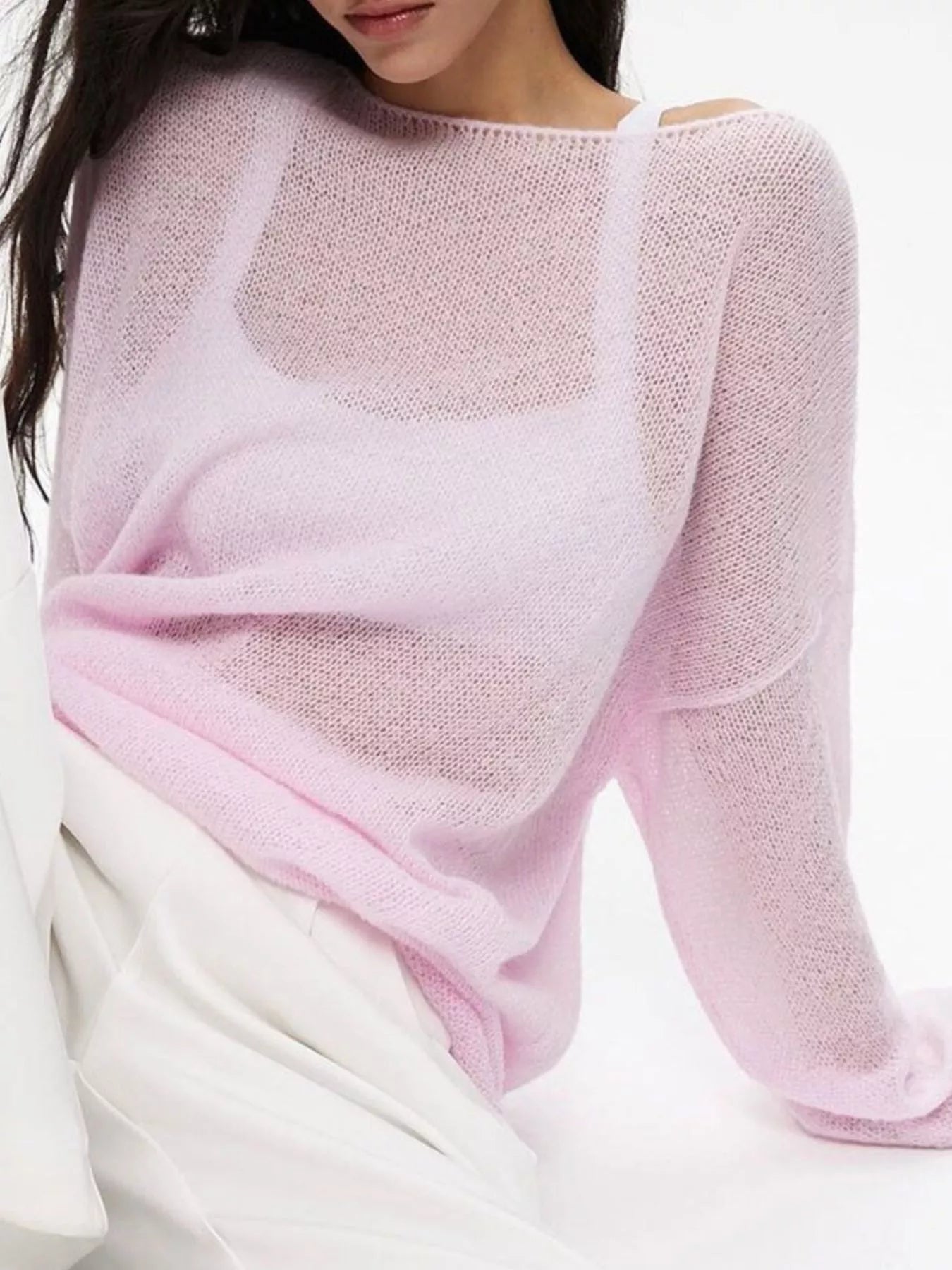 Soft light pink boat neck dropped shoulder sweater with sheer texture