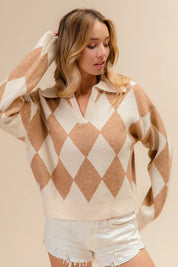 BiBi Diamond Pattern Collared Notch Neck Sweater | Sweaters Daverri Fashions