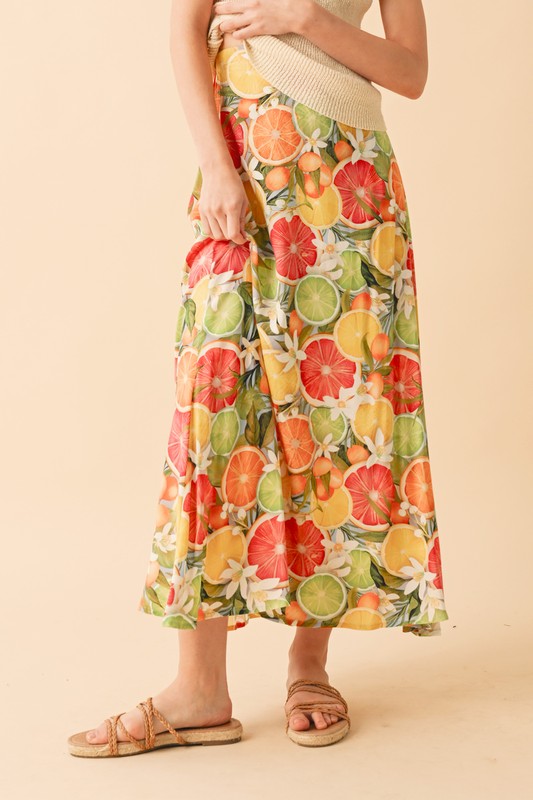 Aemi + Co Fruit Print Maxi Skirt Blue Citrus