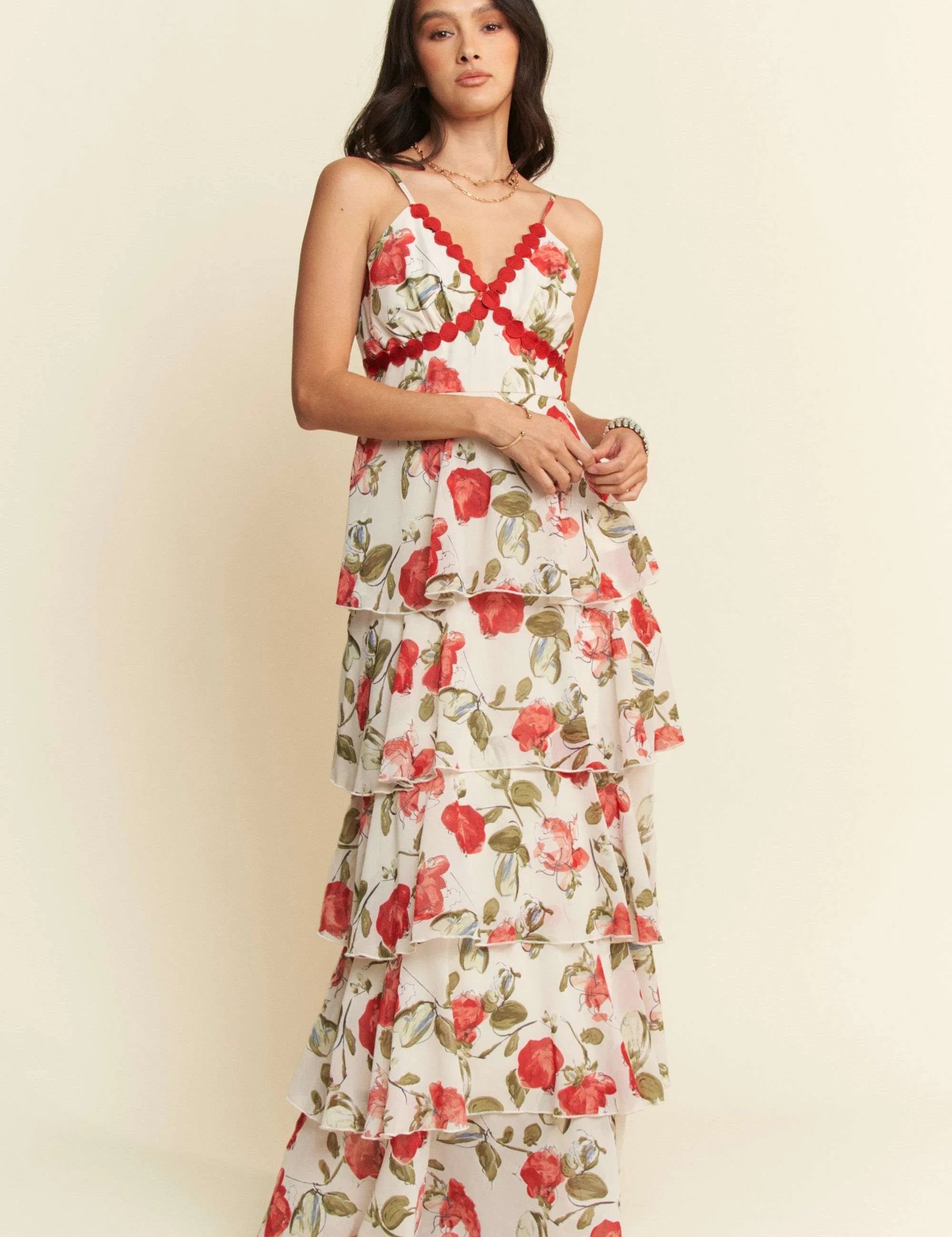 Davi & Dani Contrast Ring Lace Layered Ruffle Maxi Cami Dress | Cami Dresses Daverri Fashions