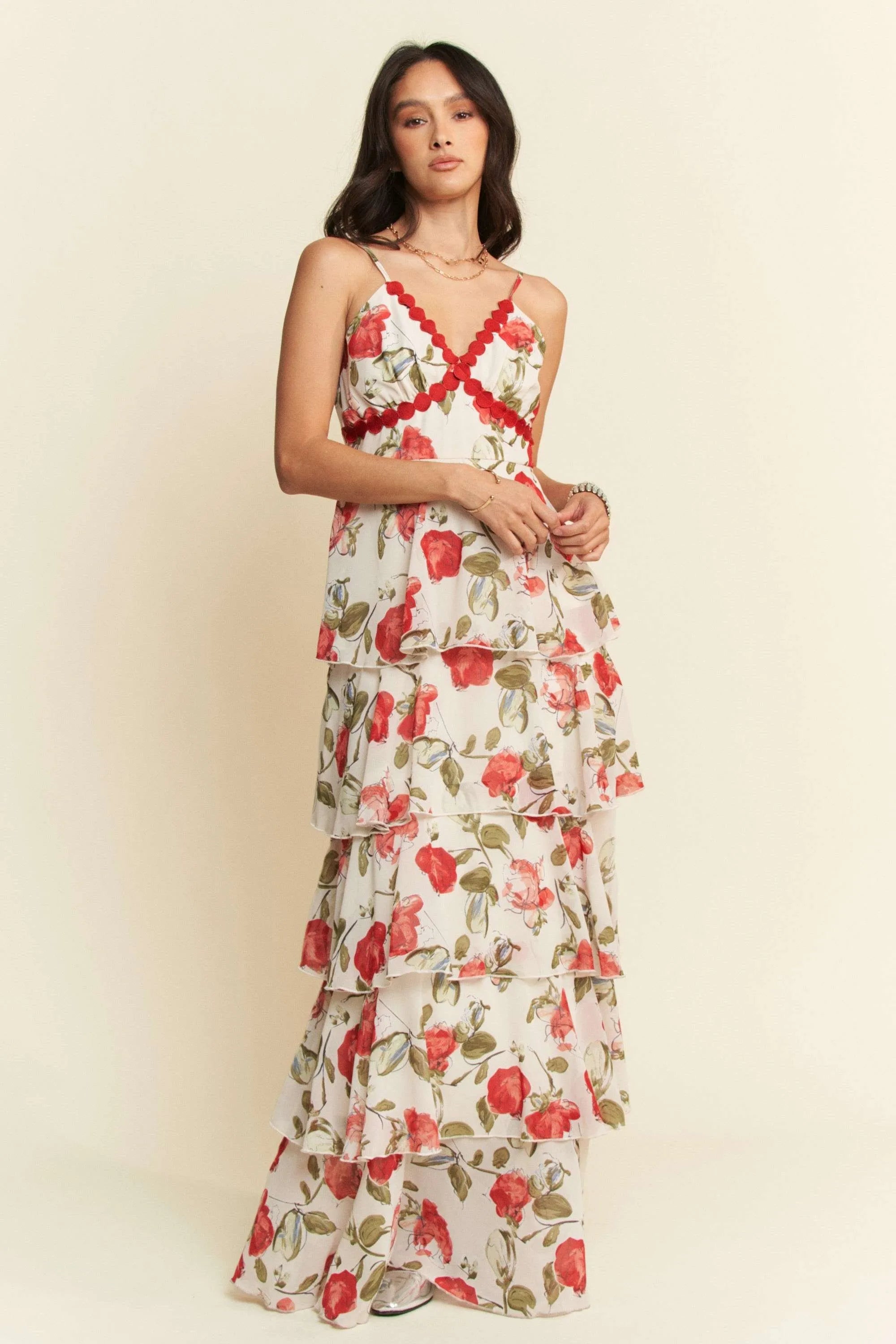 Davi & Dani Contrast Ring Lace Layered Ruffle Maxi Cami Dress | Cami Dresses Daverri Fashions