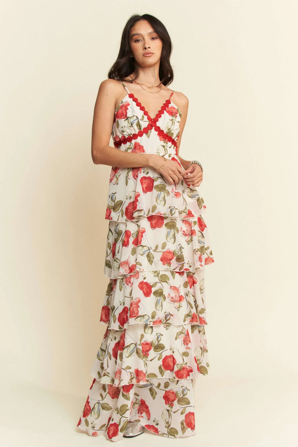 Davi & Dani Contrast Ring Lace Layered Ruffle Maxi Cami Dress Cami Dresses