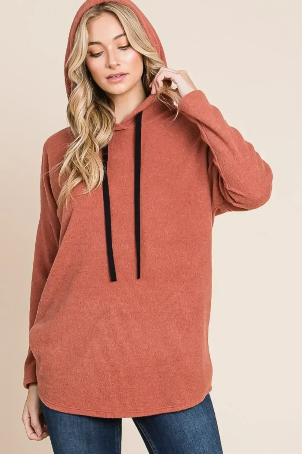 BOMBOM Contrast Drawstring Drop Shoulder Knit Hoodie - DAVERRI FASHIONS