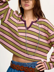 Daverri Fashions olive green, pink, purple striped waffle cropped hoodie