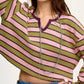 Daverri Fashions Striped Waffle Texture Notched Neck Long Sleeve Top - DAVERRI FASHIONS