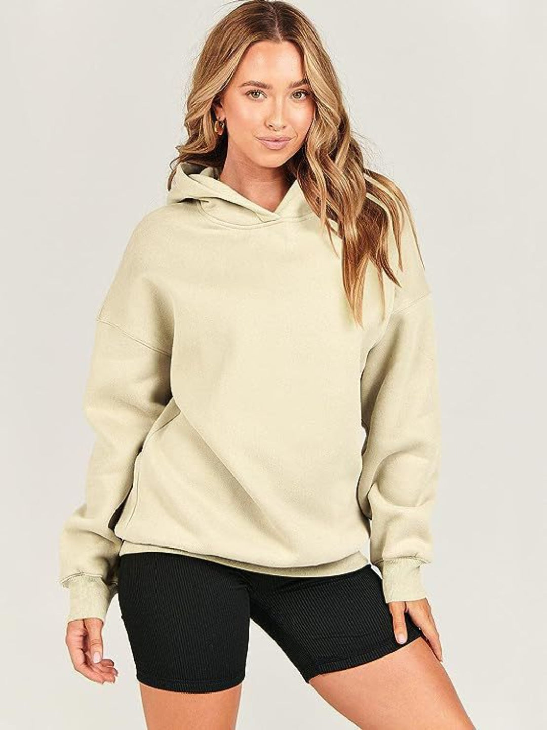 Dropped Shoulder Long Sleeve Hoodie Pastel Yellow Tops