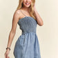 ADORA Smocked Spaghetti Strap Denim Romper Rompers