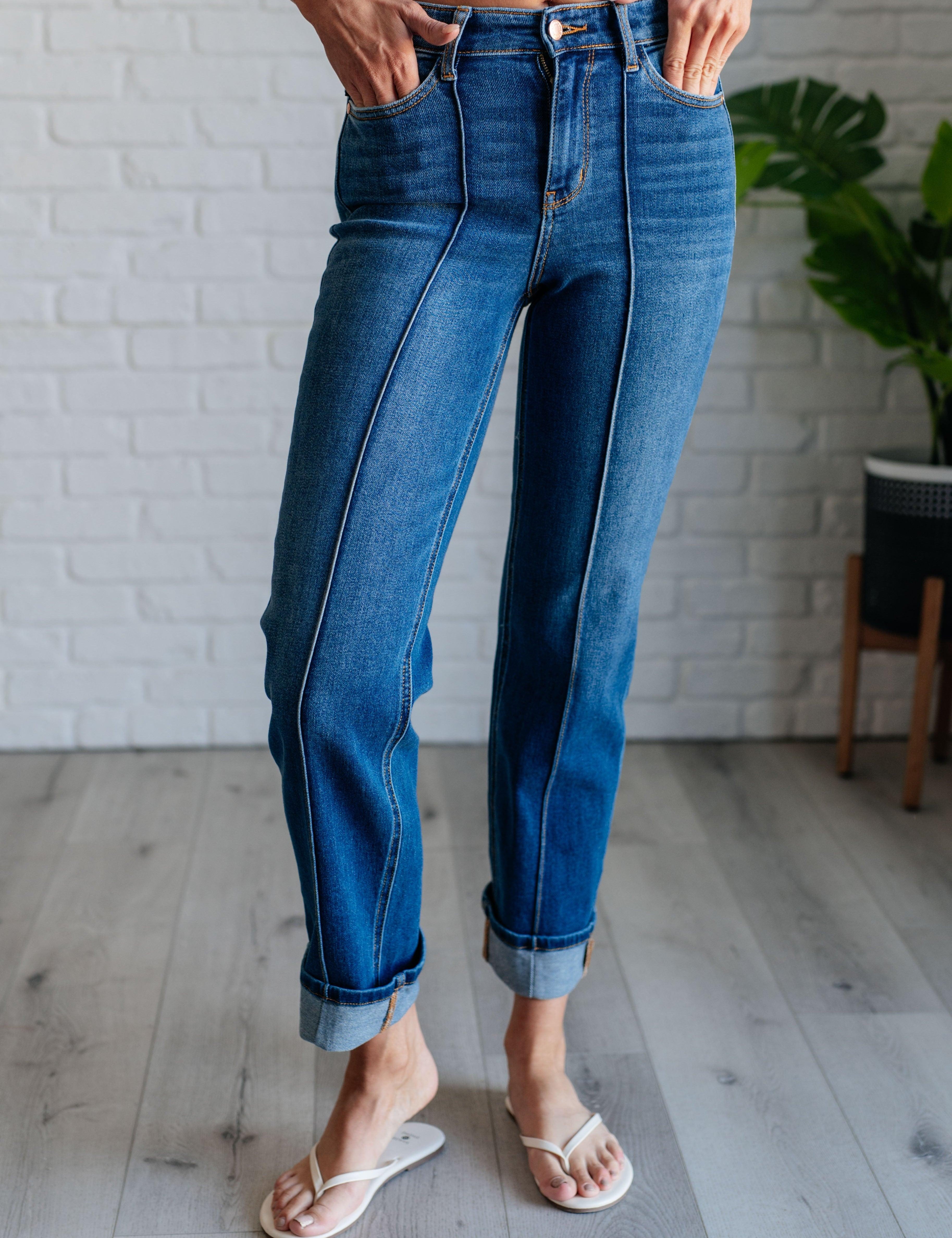 Campbell High Rise Center Seam Detail Straight Jeans Bottoms