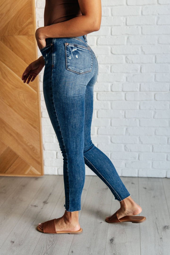 Judy Blue High Rise Control Top Distressed Hem Skinny Jeans Bottoms