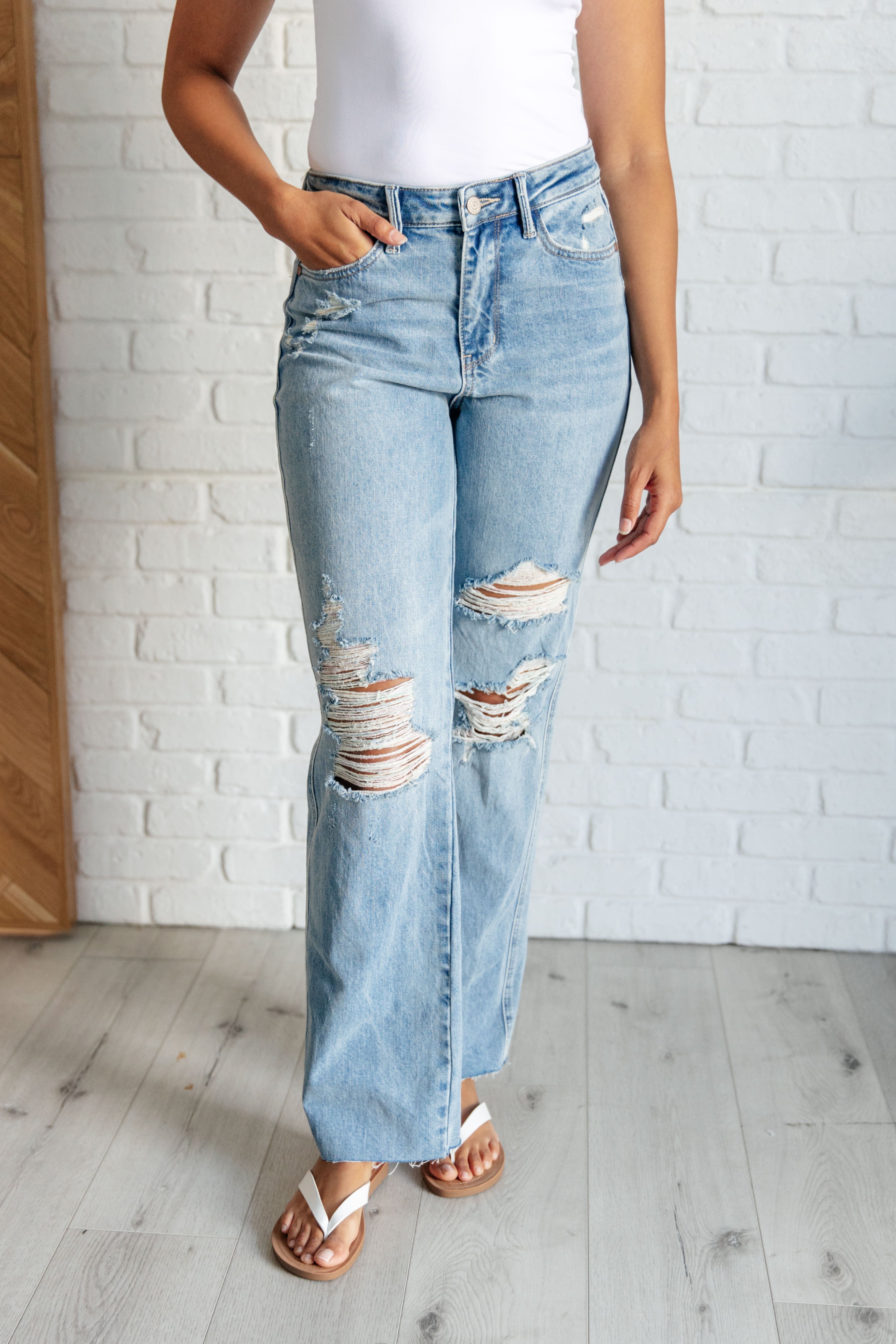 Ramona High Rise Rigid Magic Destroyed Straight Jeans Denim