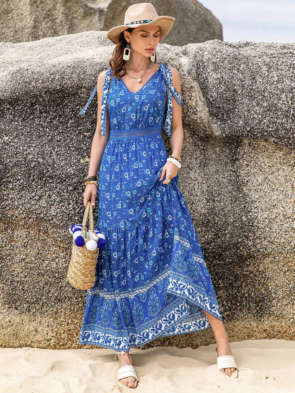 Blue printed V-neck maxi dress with tie-sleeve straps and tiered hemline