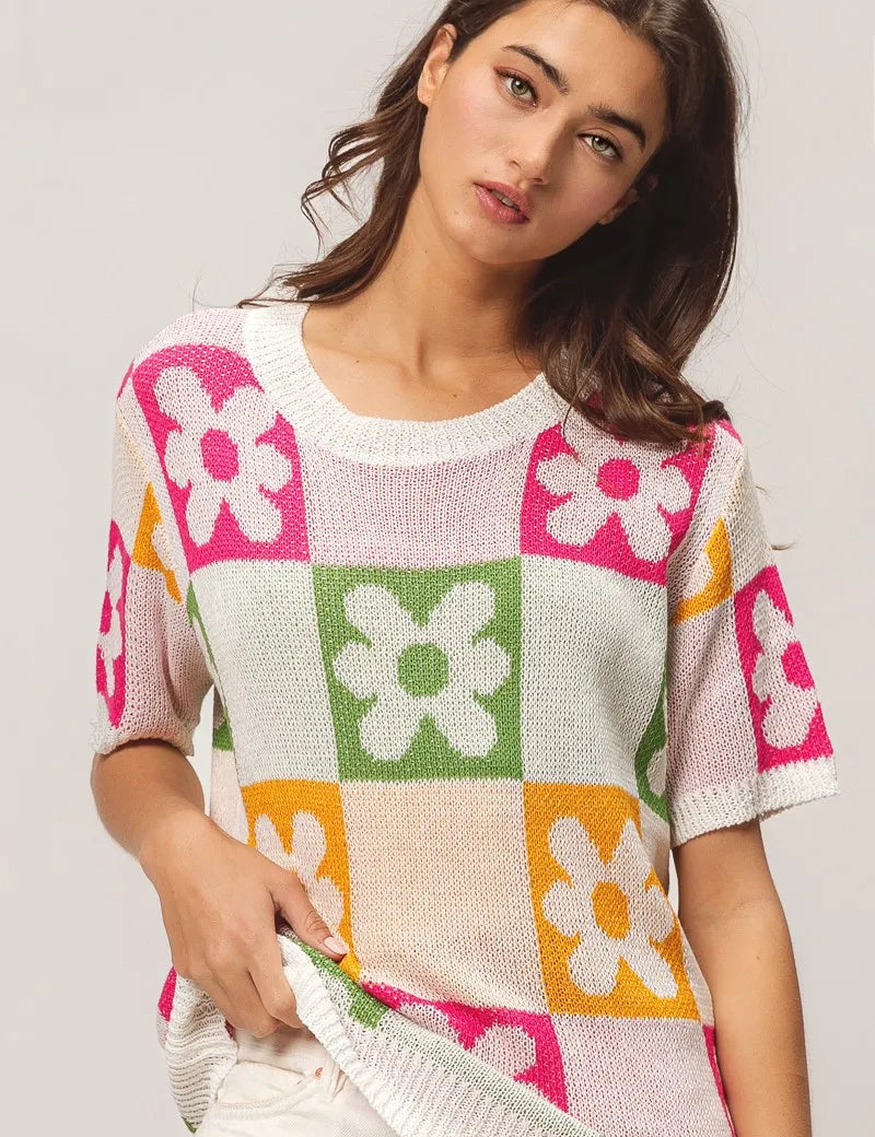 IVRY FUCH OLIVE MUST BiBi Flower Checker Pattern Lightweight Sweater Top | Sweaters Daverri Fashions