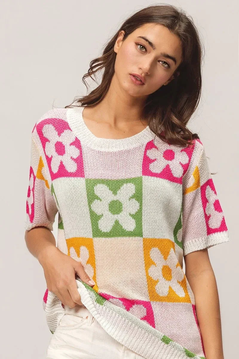 BiBi Flower Checker Pattern Lightweight Sweater Top - DAVERRI FASHIONS