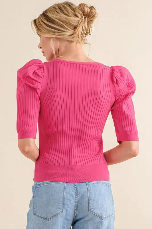 And The Why Puffed Half Sleeve Rib Basic Top Tops