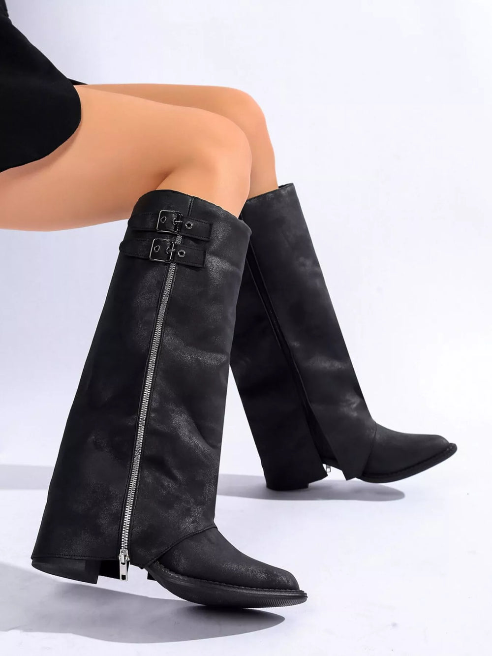 Black Fashionista Point Toe Block Heel Boots | Boots Daverri Fashions