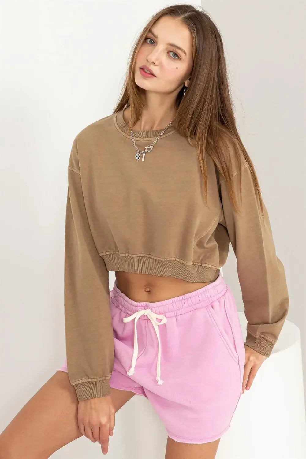 HYFVE Round Neck Long Sleeve Cropped Sweatshirt - DAVERRI FASHIONS
