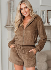 Brown plush fleece zip-up hoodie and drawstring shorts loungewear set