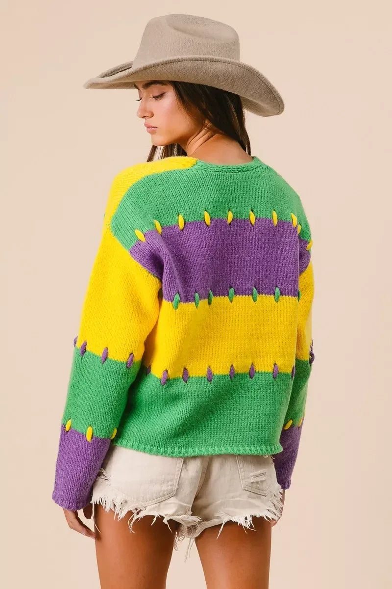 BiBi Stitch Detail Mardi Gras Stripes Sweater - DAVERRI FASHIONS