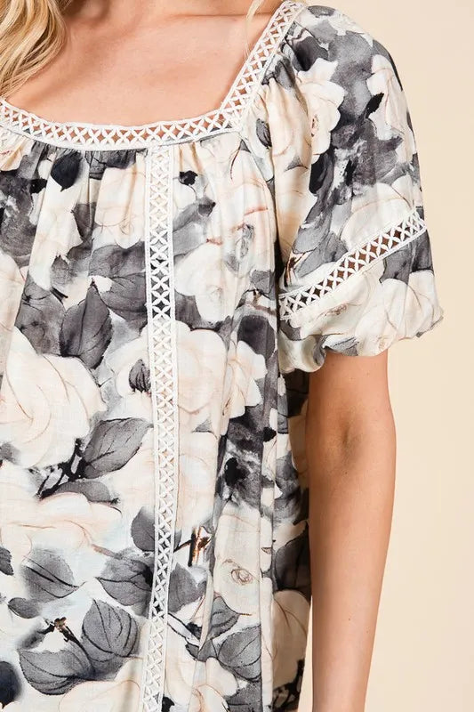 Lime 'N' Chili Floral Print Lace Trim Puff Sleeve Blouse