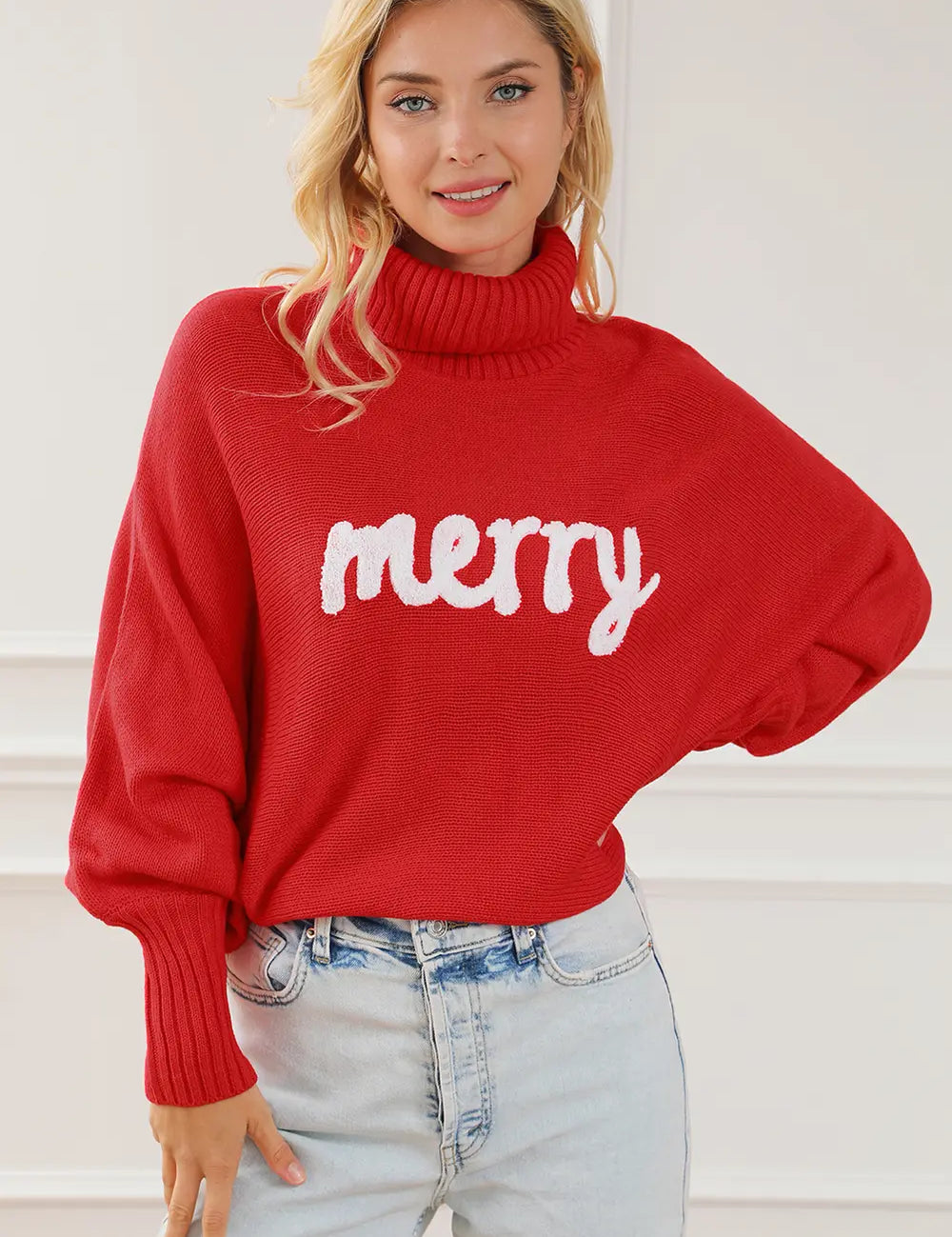 Red Merry Letter Embroidered High Neck Sweater | Sweaters Daverri Fashions