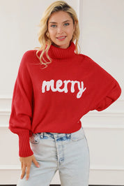 Red Merry Letter Embroidered High Neck Sweater | Sweaters Daverri Fashions