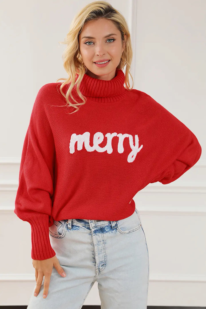 Red Merry Letter Embroidered High Neck Sweater | Sweaters Daverri Fashions