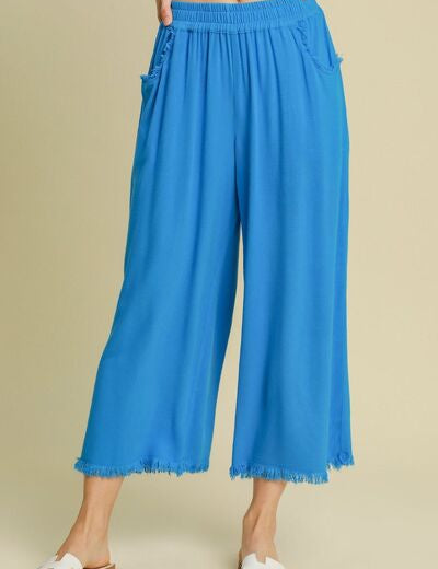 Umgee Full Size Linen Blend Elastic Waistband Wide Leg Pants Plus Size Sky Blue